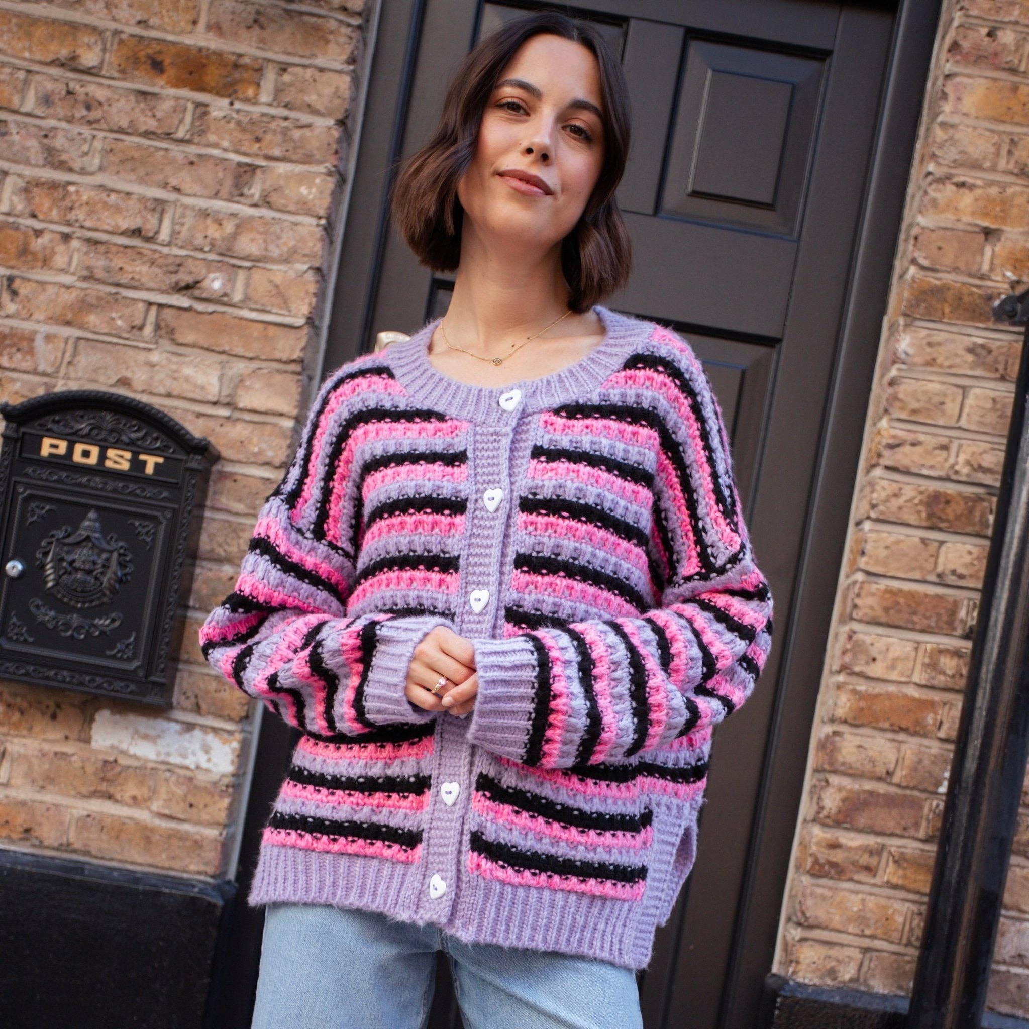 Cara & The Sky - Wholesale Cardigan - Women's - Bernice Stripe Cross Stitch Cardigan - Lilac21