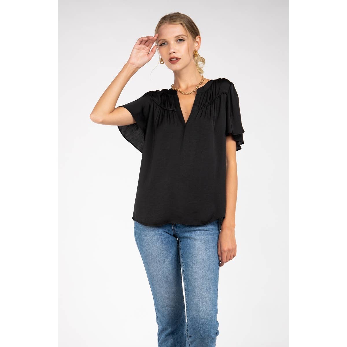 Naked Zebra Rack - Wholesale Blouse - Women's - Short Sleeve Blouse With Front Shirring Detail0