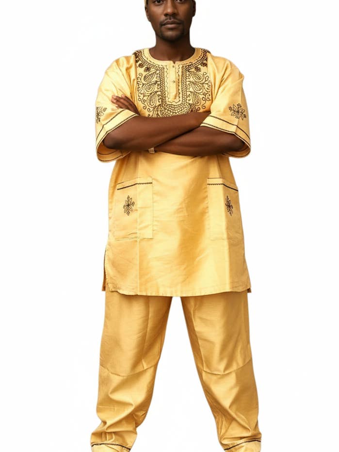 Men's African Attire/ 3Pcs Silk Embroidery Set Beige for wholesale by India Batik