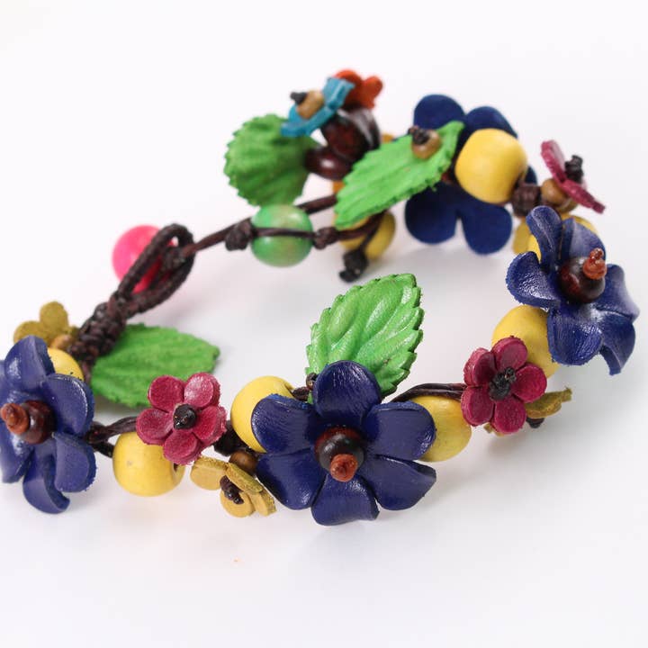 Sunflower Handmade leather inc – wholesale Pärlarmband – läderblommigt snyggt armband med träpärlor