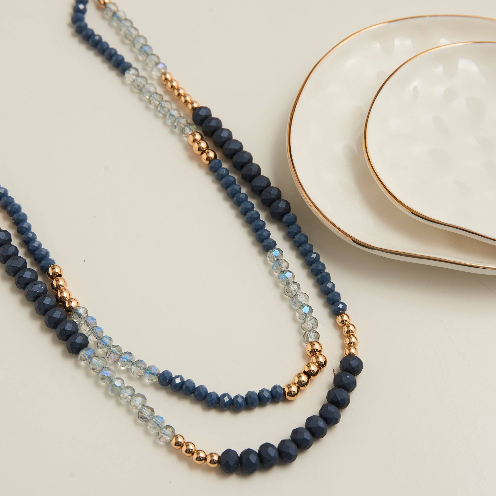 Elsie & Zoey - Wholesale Beaded/Pearl Necklace - Beaded Necklace Arden 17" Double Row Gold & Blue Strands0