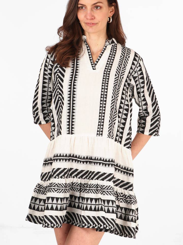 Sarta - Wholesale Dress - Women's - Striped Aztec Print Cotton Tiered Boho Mini Dress in Black0