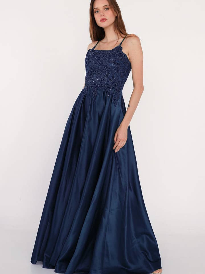Navy blue satin long evening dress for wholesale by Les Voiliers