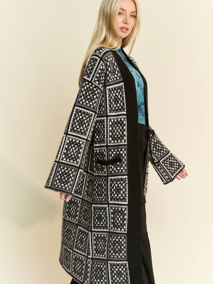 Davi & Dani - Wholesale Cardigan - Women's - GRANNY SQUARE INSPIRED OPEN DUSTER KNIT CARDIGAN