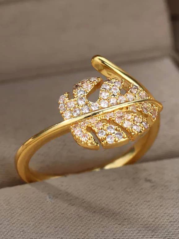 Elegant Open Rhinestone Leaf Statement Ring for wholesale by Offshore Surf Co