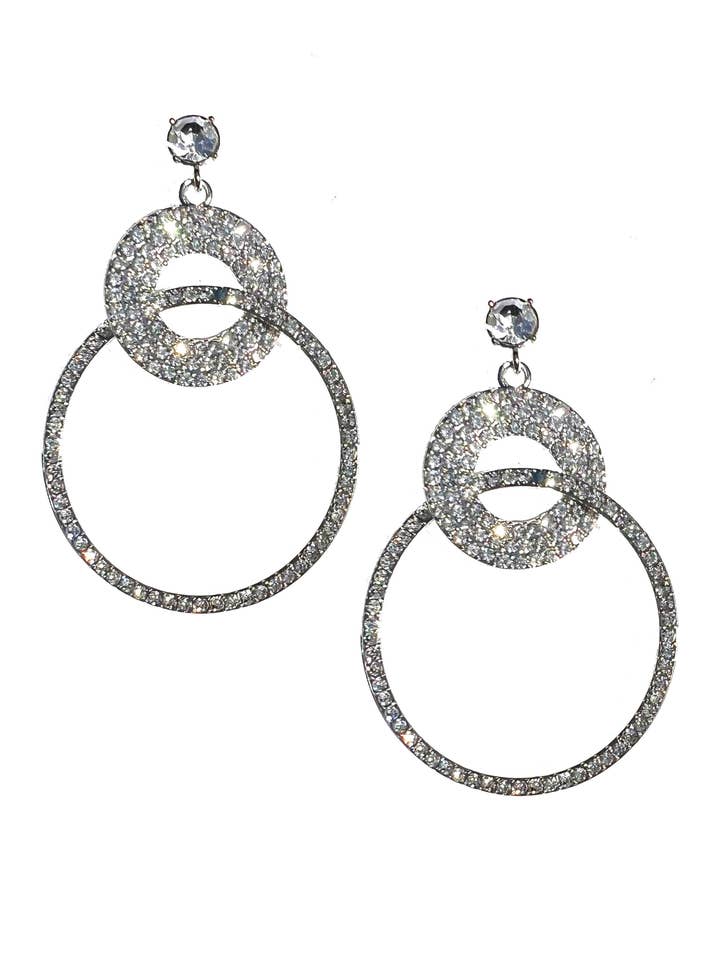 Double Rhinestone Hoop Earrings - 2.7" Length Statement Fashion Earring for wholesale by 9Design