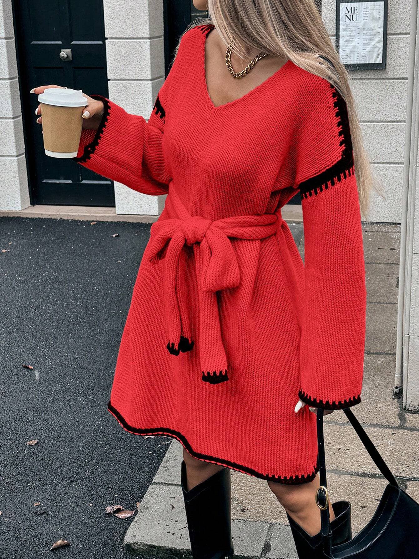 ElevateWell – wholesale Dress – Women's – Women's Contrast Trim V-Neck Long Sleeve Belted Dredd2