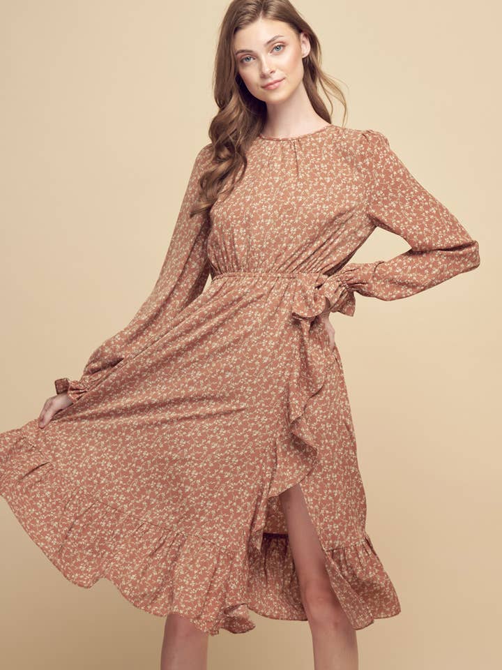 VESTIDO MIDI CON ABERTURA ENVUELTO CON VOLANTES - P60094 para venta al por mayor de Petal Dew