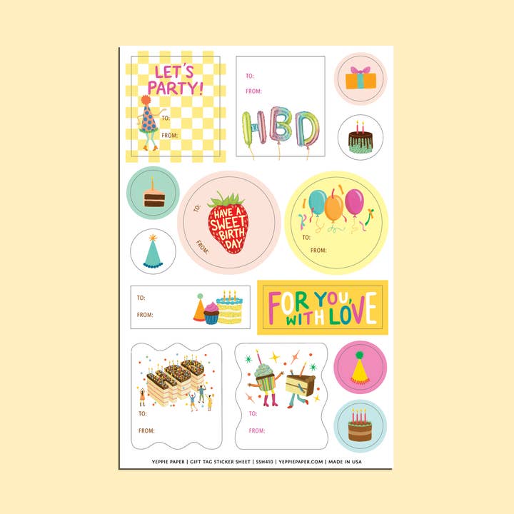 Birthday Things Gift Tag Sticker Sheets - Set of 3 for wholesale by Yeppie Paper