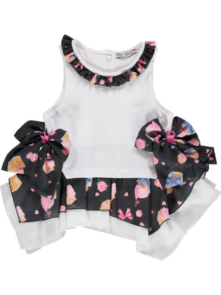 PS23S006015/A -White and black top with ruffles and cupcakes for wholesale by Piccola Speranza