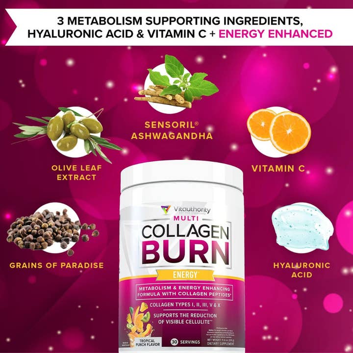 Vitauthority - Wholesale Oral Supplement/Vitamin - Multi-Collagen Burn Energy Powder: Tropical Punch, Dimpless
