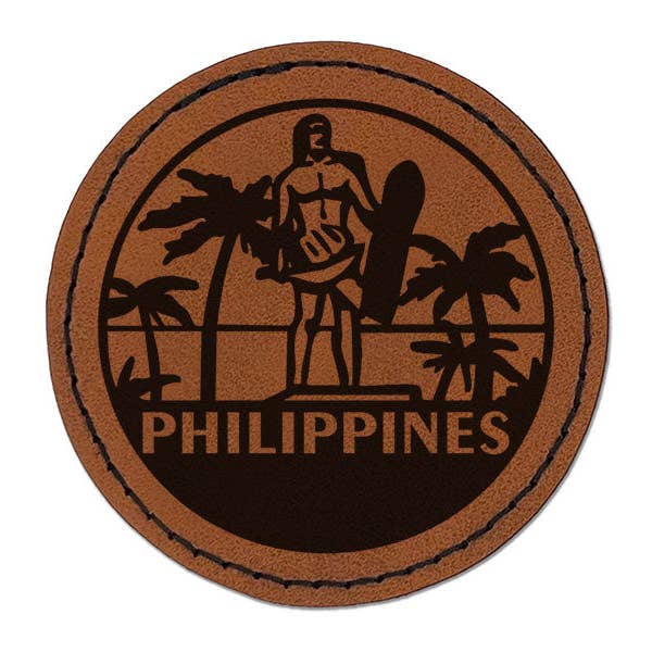 Philippines Lapu Lapu Mactan Shrine Country Round Iron-On Engraved Faux Leather Patch Applique - 2.5 Inch - Brown for wholesale by Sniggle Sloth