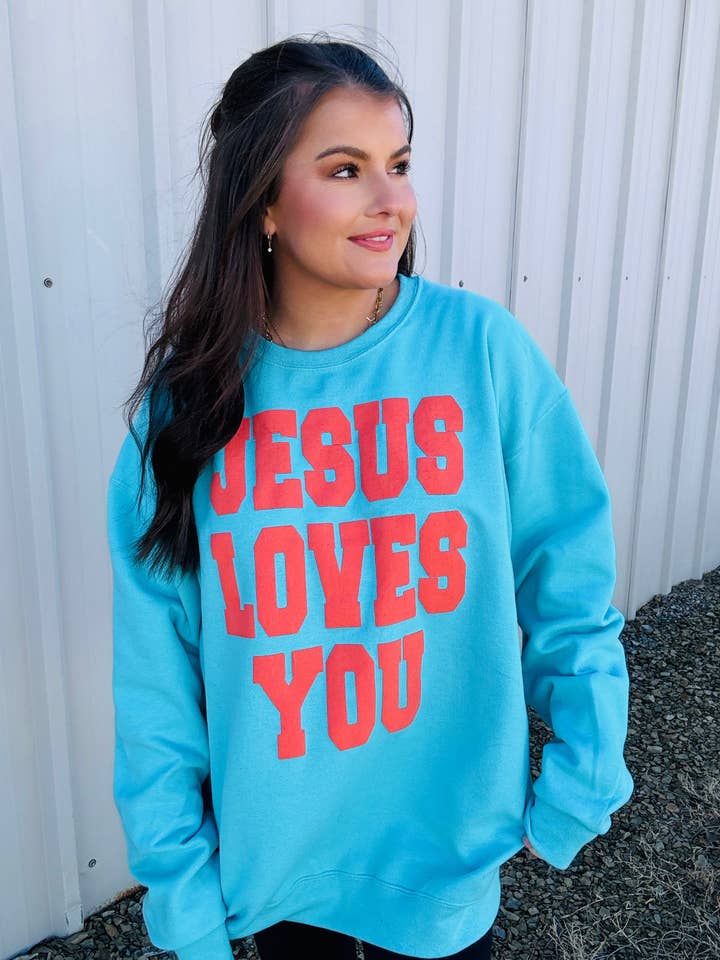JÉSUS VOUS AIME PPUFF INK CREWNECK|Bleu Scuba pour la vente par Wanderlust Apparel Co.