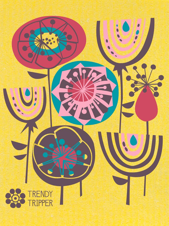 Abstract Flower Pop Swedish Dishcloth Red/Turquoise - Yellow for wholesale by Trendy Tripper