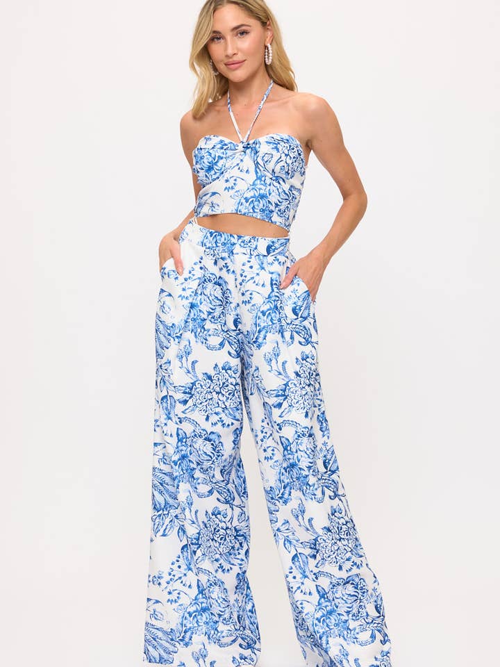 TROPICAL HALTER NECK CROP TOP-HIGH WAIST WIDE LEG PANTS SET for wholesale by Hesperus