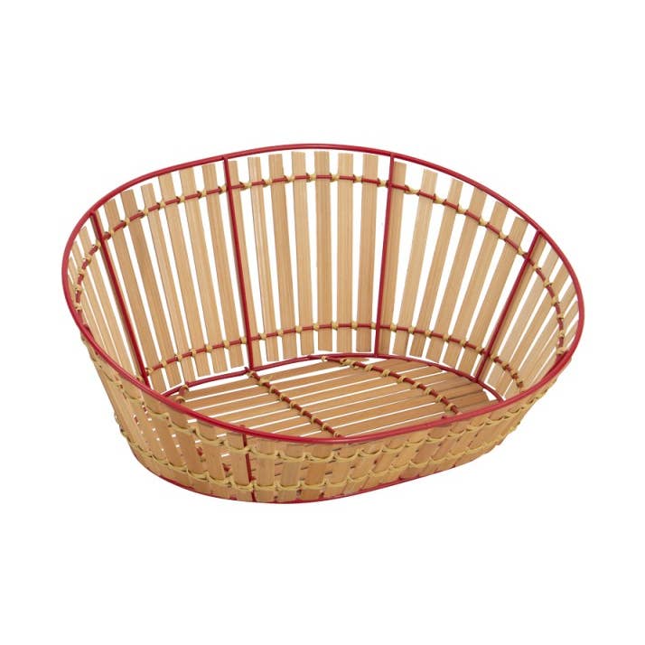 Corbeille ovale asymetrique en metal rouge/bambou naturel pour la vente par Deffrennes
