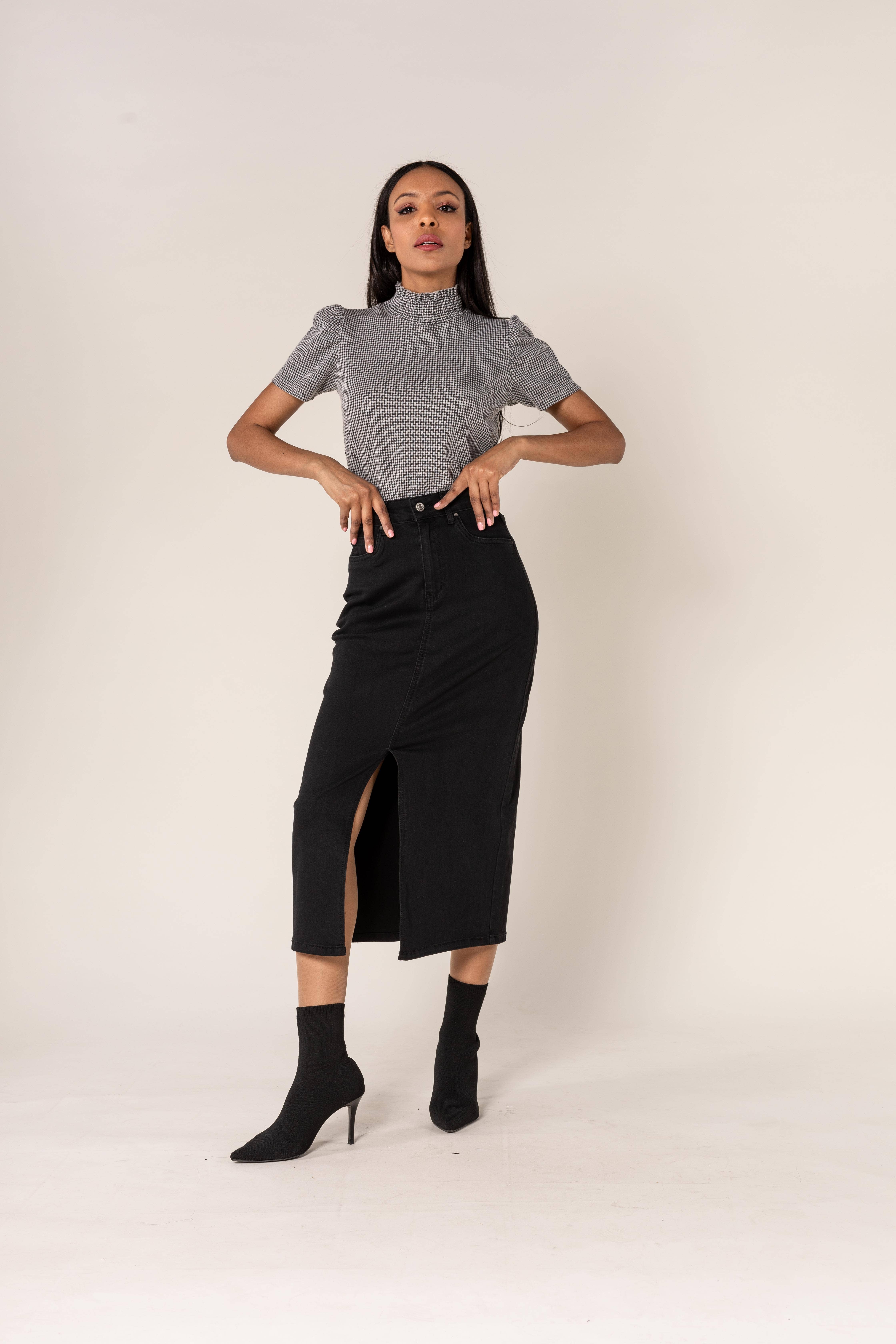 Nina Carter - Vendita all'ingrosso Gonna - Donna - Gonna lunga di denim Nina Carter con spacco frontale P21511