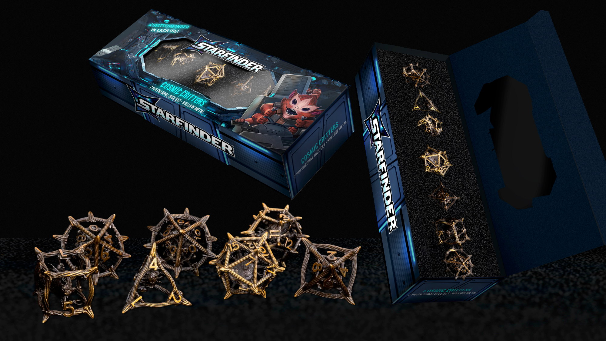 FanRoll by Metallic Dice Games - Wholesale Dice - Cosmic Critters Skittermander Hollow Metal Dice Set0