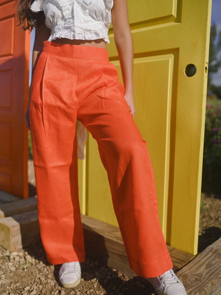 Gipcco Design - Wholesale Pants - Women's - Linen Straight-Leg Pant in Orange with High-Waist Fit
