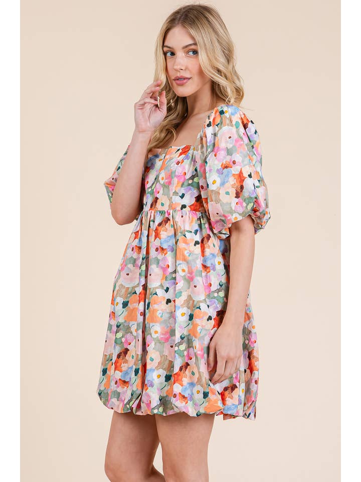Pink Multi Floral Bubble Skirt Babydoll Mini Dress, MD51415 for wholesale on Faire