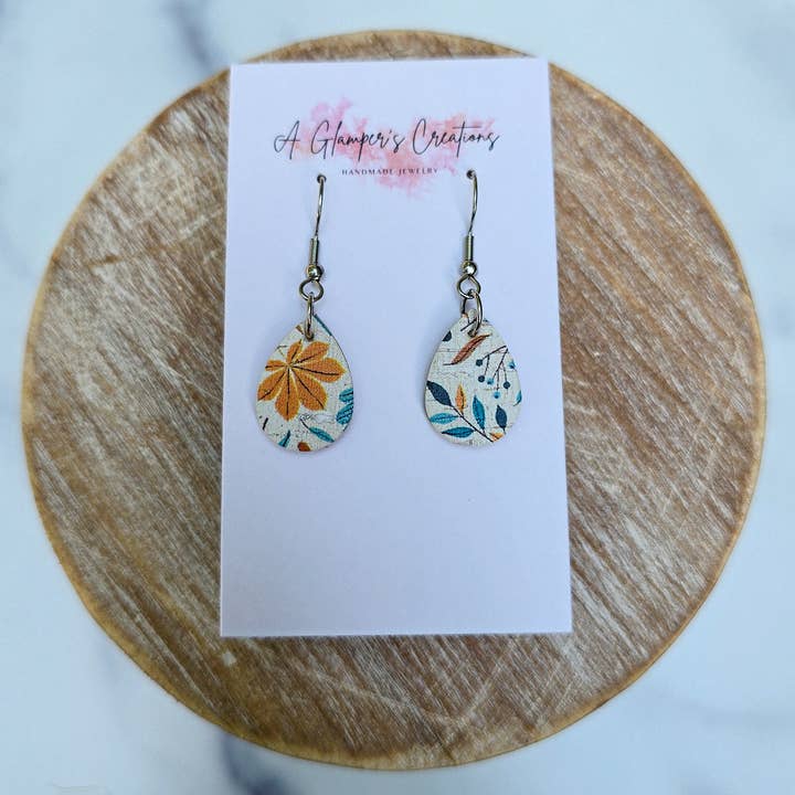 A Glamper's Creations LLC - Wholesale Dangle Earrings - Mustard & Turquoise Floral MINI Teardrop Leather Earrings1