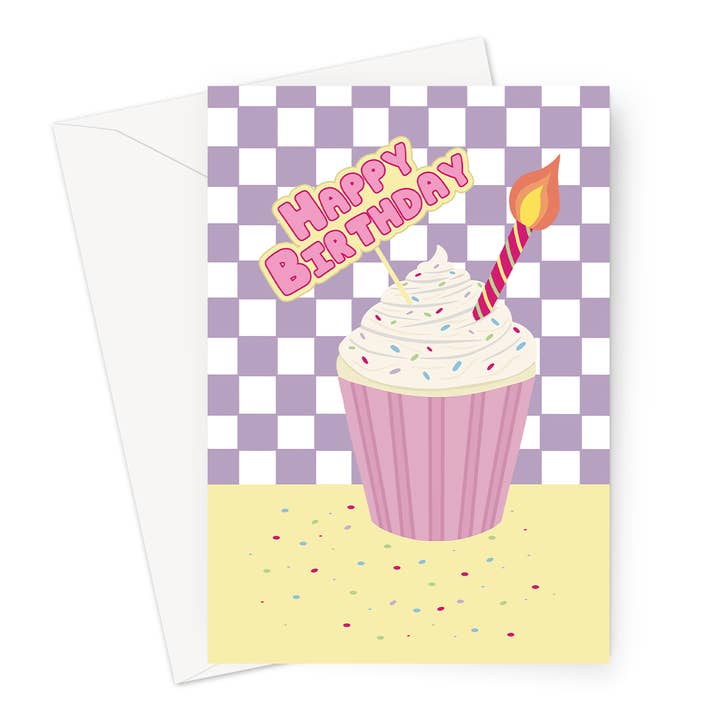 Carte d'anniversaire | Cupcake à damier violet | Carte 7x5" pour la vente par Cupsie's Creations