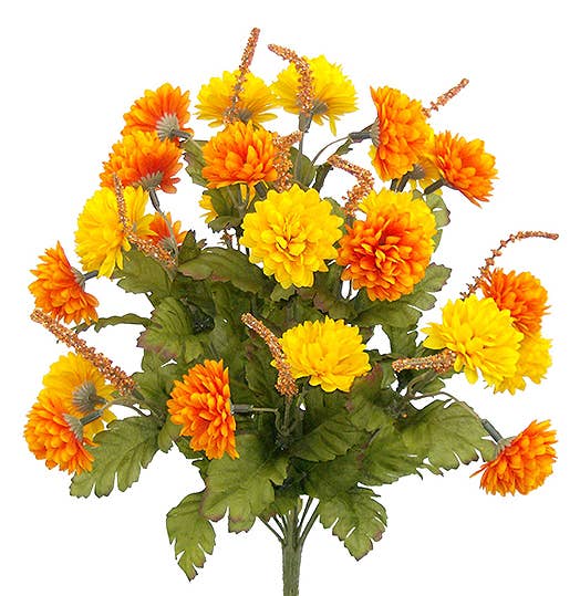 Orange Artificial Mum Flower Bush - Orange/Yellow Blooms for wholesale on Faire0