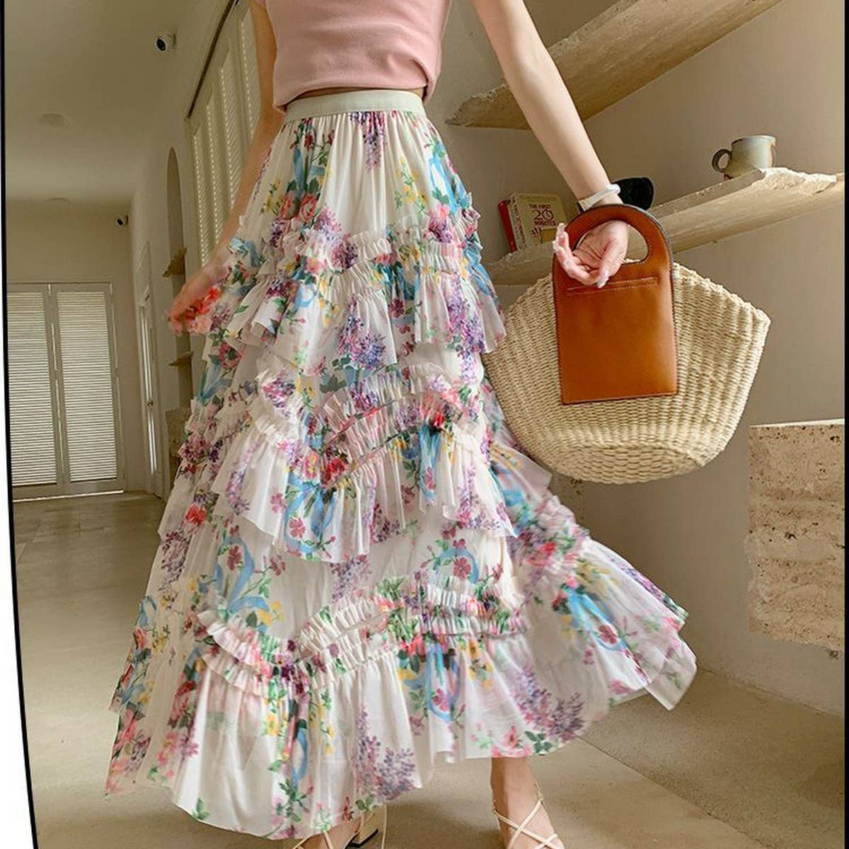 ACCITY - Wholesale Skirt - Women's - COLORFUL FLORAL MESH PRINT PLEATED TULLE SKIRT_CWBLS039915