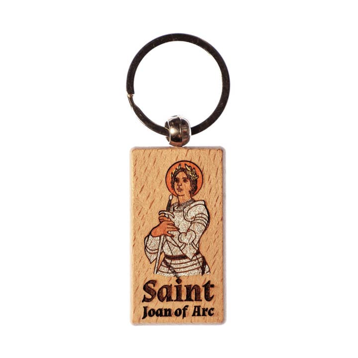 Saint Joan of Arc, Hand-Colored, Solid Wood Keychain, Engraved in the USA, Catholic for wholesale by SercelPress