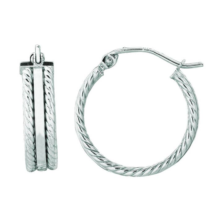 Brinco de argola de fileira tripla plana redonda de ouro branco 14K 4.0X15mm com fecho articulado por atacado de The Diamond Deal