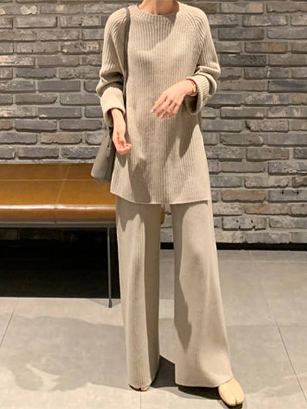 ShieldChic - Wholesale Top & Pant Set (NOT Loungewear) - Women's - Long Sleeves Wrap Solid Color Split-Side Round-Neck Sweater Tops&Pants Suits9
