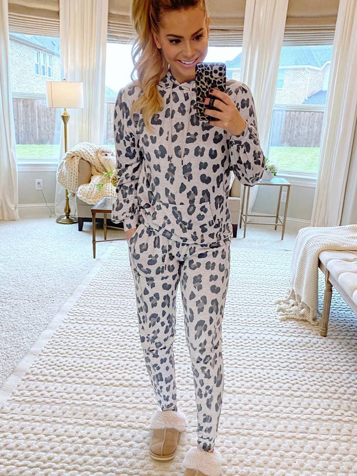 Khaki Leopard Print Drawstring Hoodie and Skinny Pants Lounge Set for wholesale on Faire2