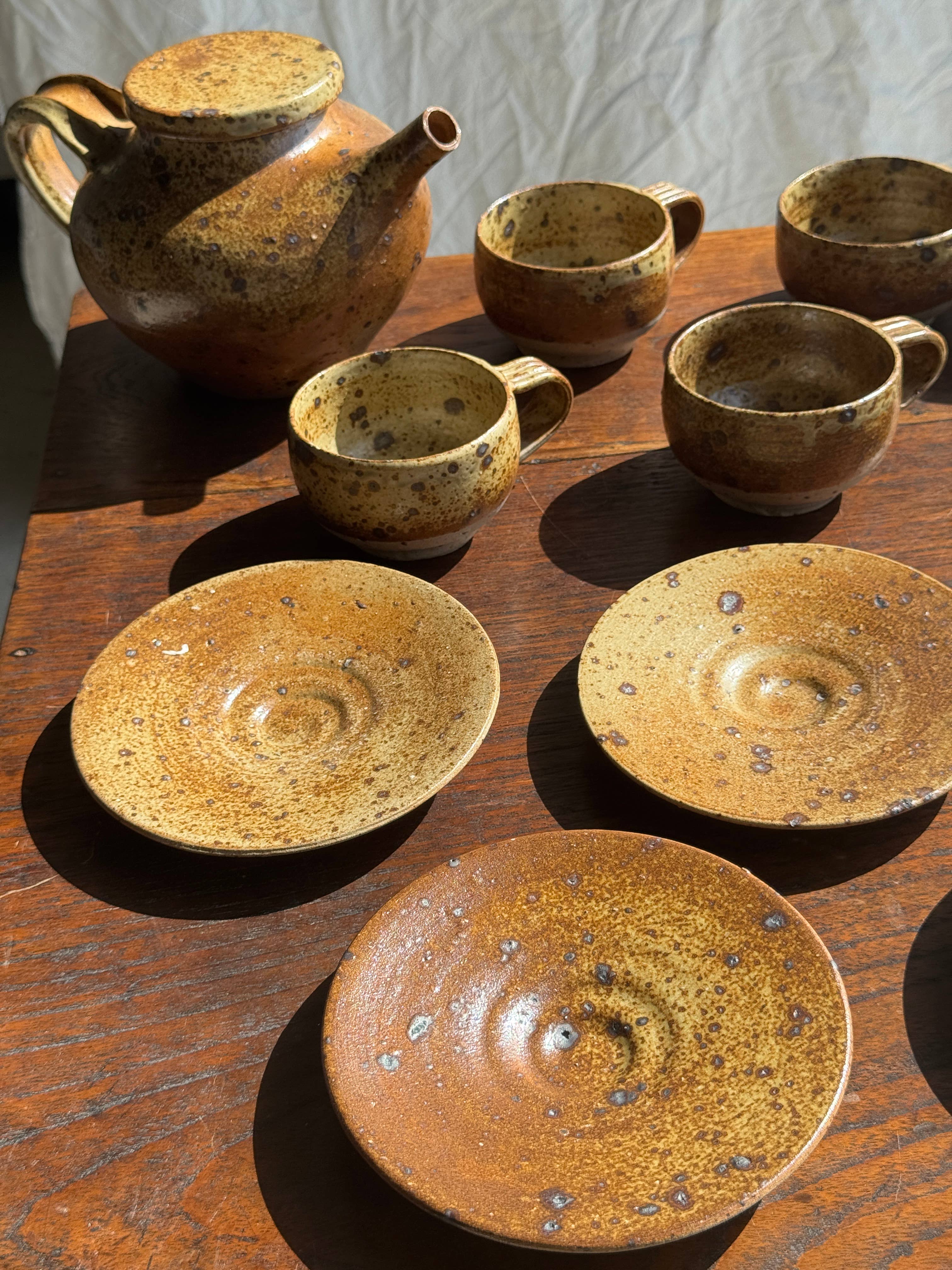 brown Small stoneware tea set with teapot, cups, sugar bowl for wholesale on Faire12