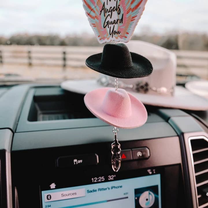 The Front Porch Label - Wholesale Car Decorative Charm - Women's - Black & Pink Cowboy Hat Rearview Mirror Charm