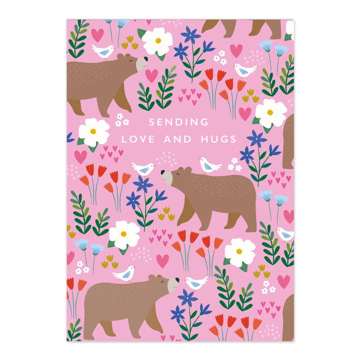 Sending Love & Hugs Greetings Card | Bear and Bird Pattern for wholesale by Klara Hawkins