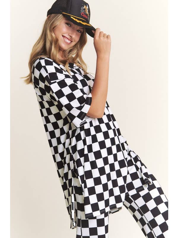 JADE BY JANE - Wholesale Lounge Set - Women's - RIBBED CHECKERED PRINT TOP/STRAIGHT LEG PANTS SET8