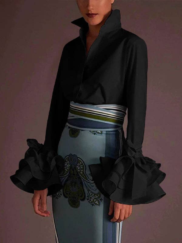 Plush Looks - Wholesale Button Down Shirt - Women's - Flared Sleeve Bow Falbala Lapel Blouse2