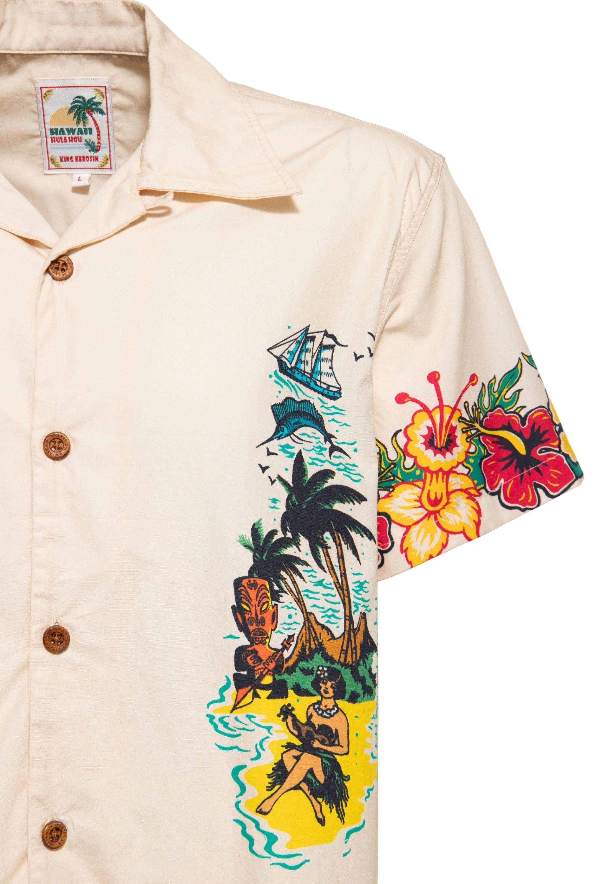 ecru Hawaiian organic cotton shirt “Honolulu Hawaii” for wholesale on Faire4