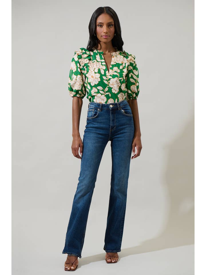 GREEN MULTI Lucena Floral Paz Poplin Short Sleeve Top for wholesale on Faire