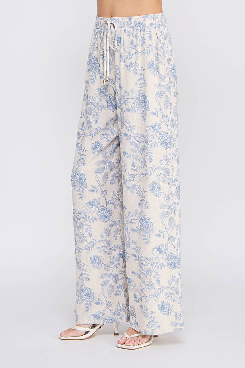 Fleur Bleue Pantalon large imprimé en lin doux avec ceinture élastique à nouer en vente sur Faire1
