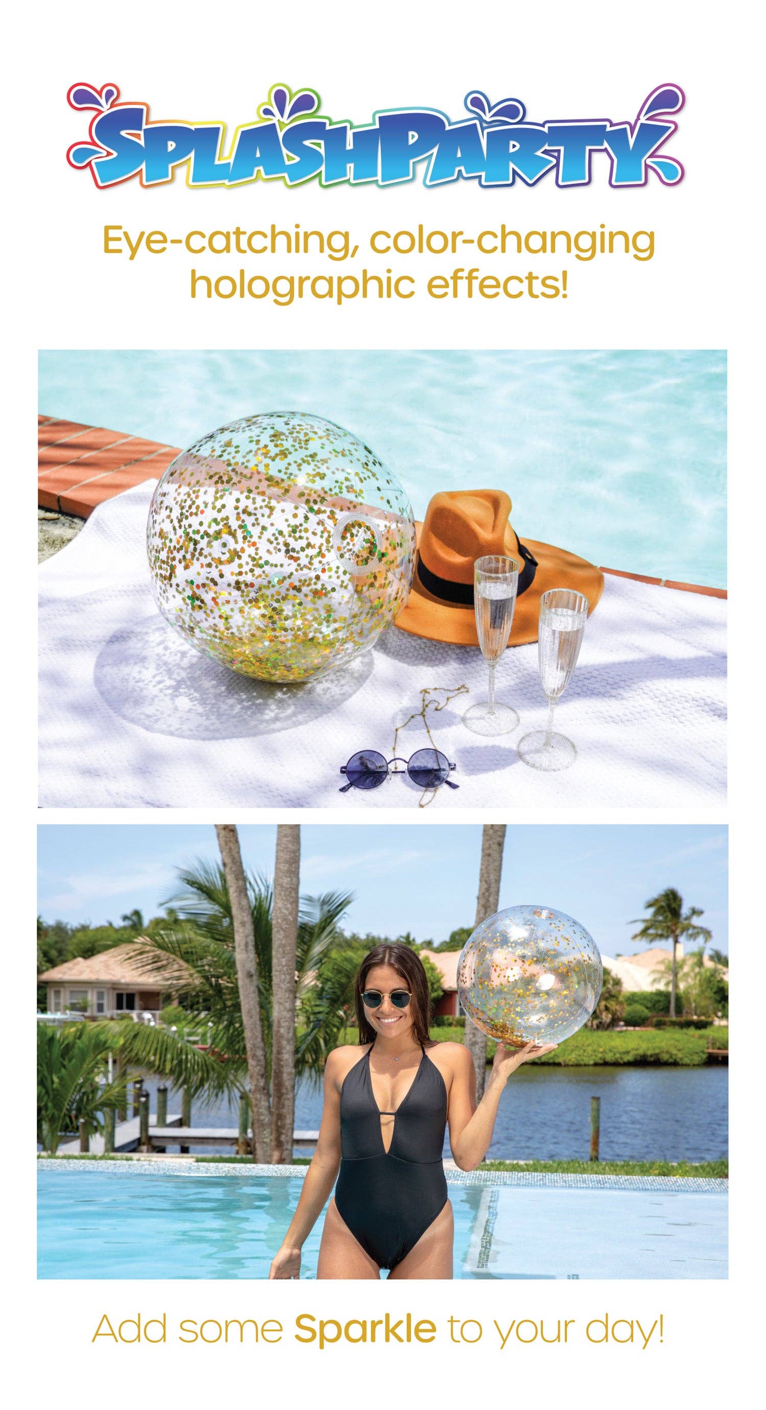 PoolCandy - Wholesale Beach/Pool Toy - Kids & Baby - SplashParty 13.75" Jumbo Beach Ball with Glitter - Gold Glit2