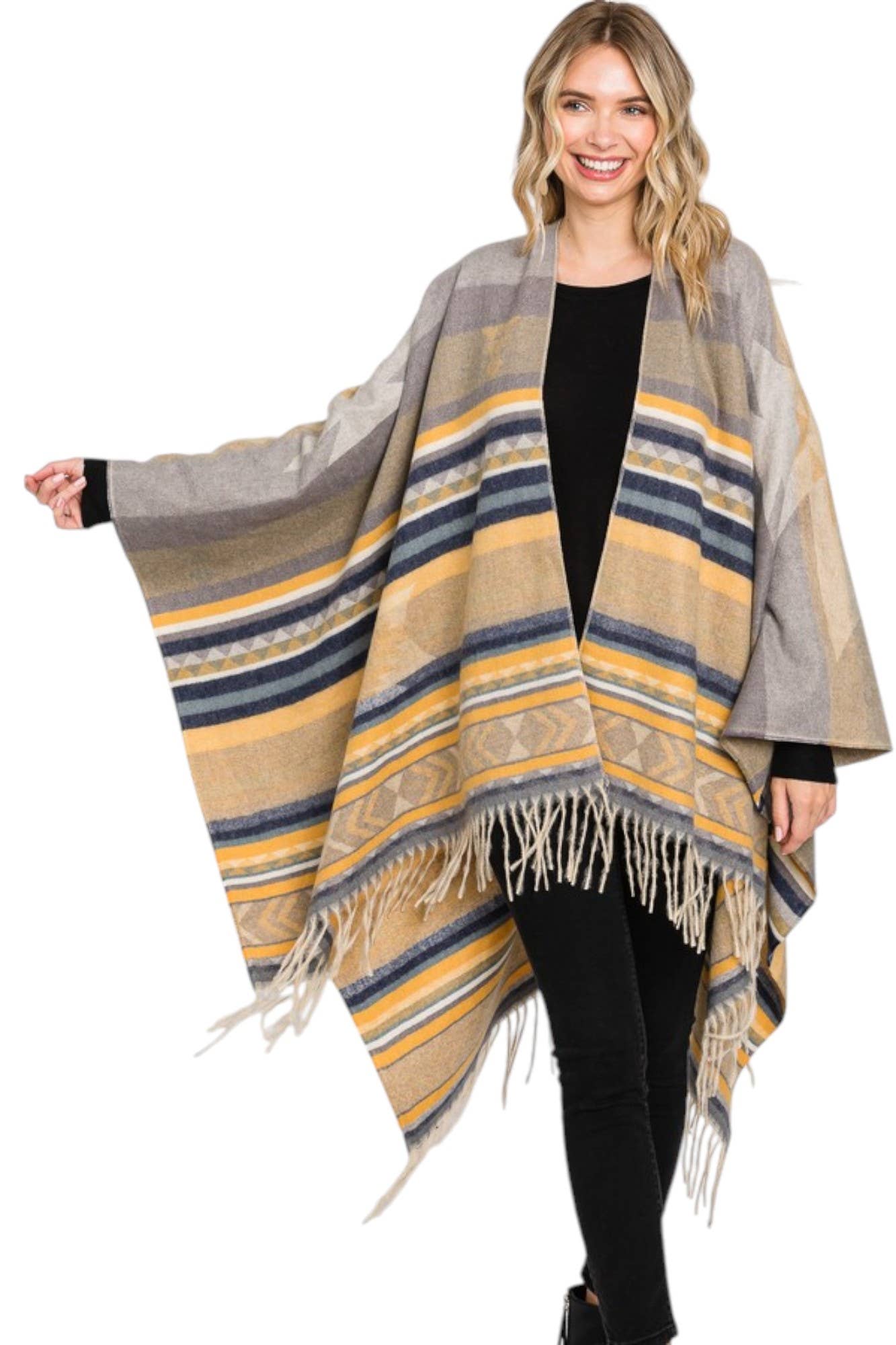 Artini Accessories - Wholesale Cardigan - Women's - Aztec Stripe Pattern Fringe Ruana Cardigan Warp Scarf0