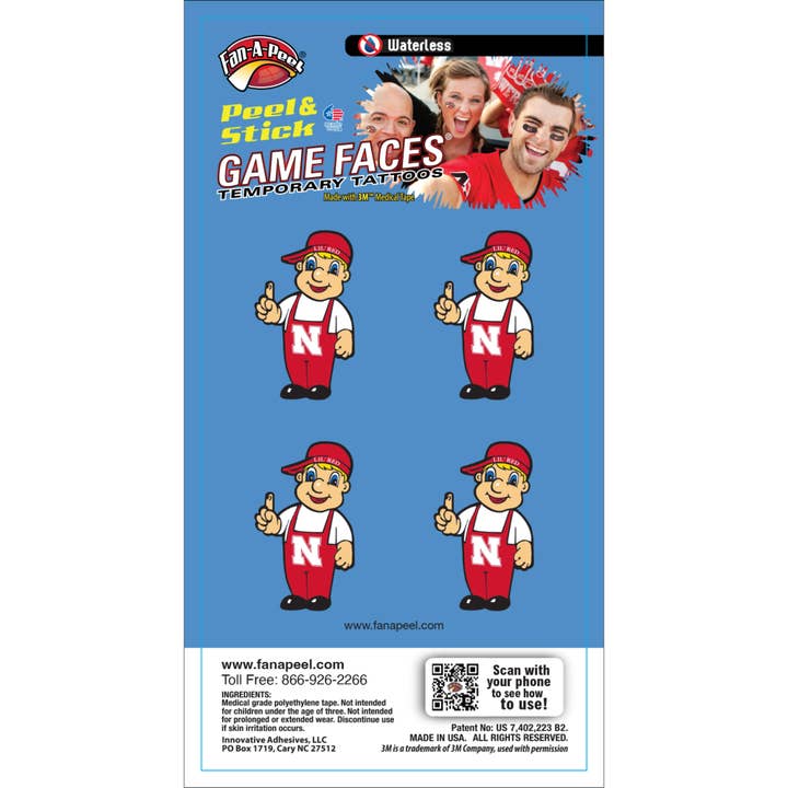 Nebraska Game Faces® Temporary Tattoos for wholesale by Fanapeel / Gamefaces
