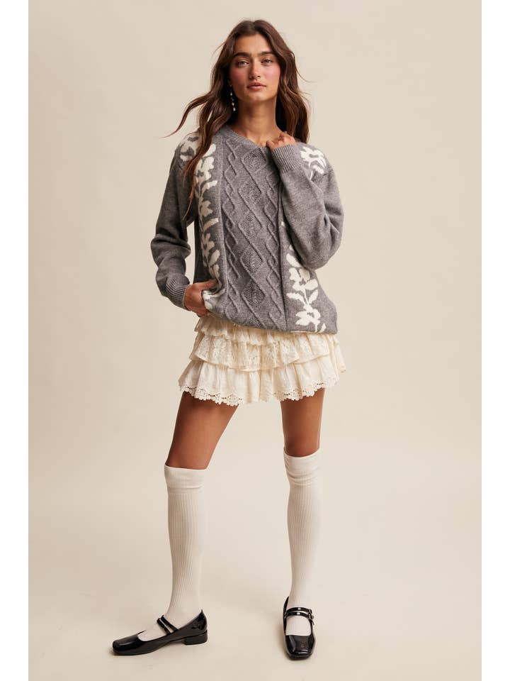 Listicle – Engroshandel Pullover - Dame – Blomstret Panel Kabelstriktrøje LSW088029