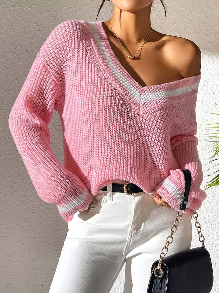 Camisola de Malha Larga com Blocos de Cor e Decote em V Estilo Preppy por atacado de Suhkasana