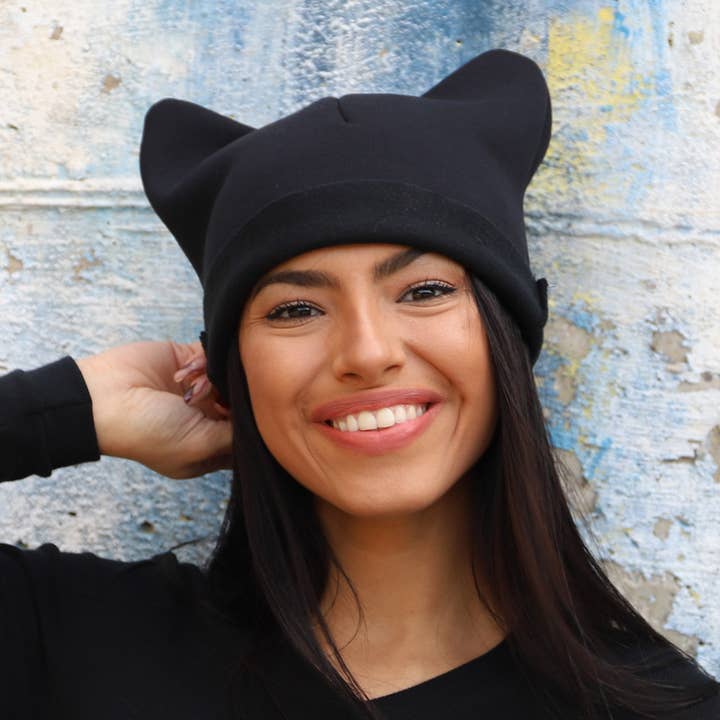 Soft black cat ears beanie hat B4019 for wholesale by Purple Sardine