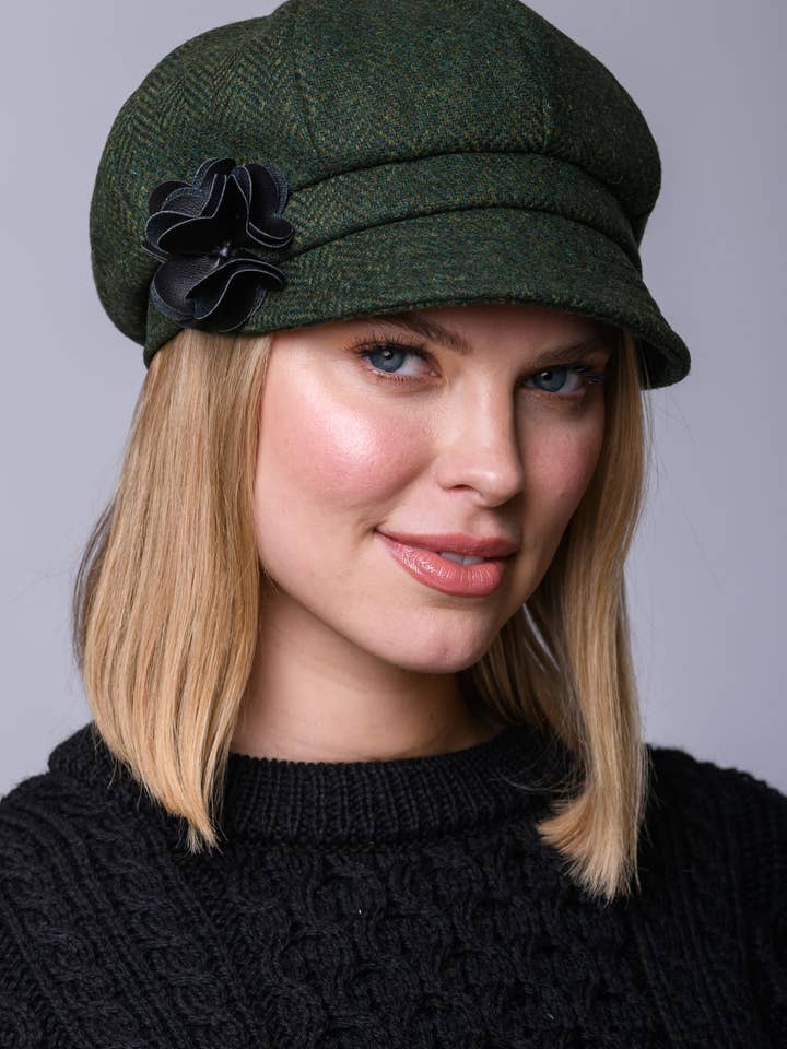 Ladies Tweed Newsboy Hat - Bottle Green Herringbone - Made in Ireland for wholesale by Bronte Moon