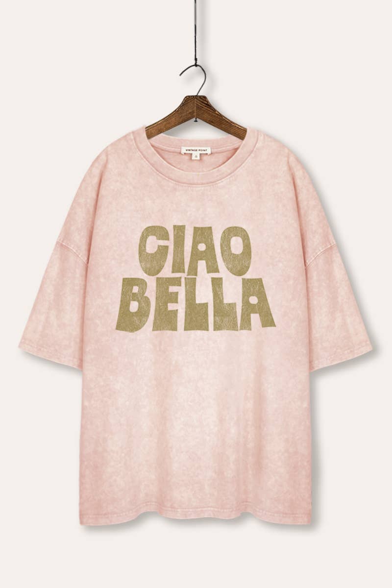 VINTAGE POINT USA - Wholesale T-Shirt (Graphic) - Women's - "CIAO BELLA" GRAPHIC MINERAL WASH OVERSIZED TEE1