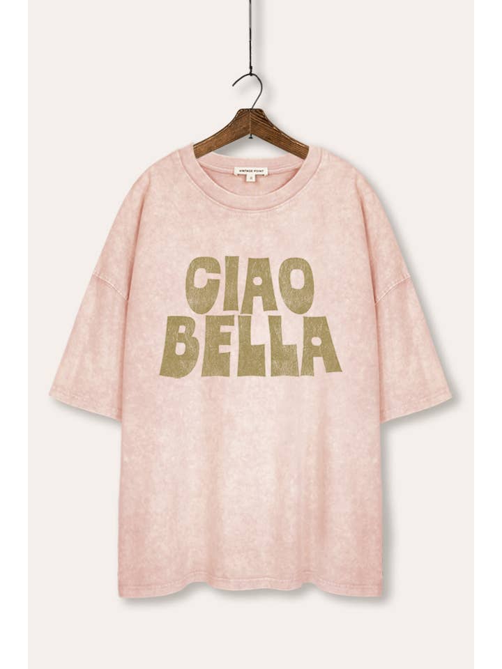 VINTAGE POINT USA - Wholesale T-Shirt (Graphic) - Women's - "CIAO BELLA" GRAPHIC MINERAL WASH OVERSIZED TEE1