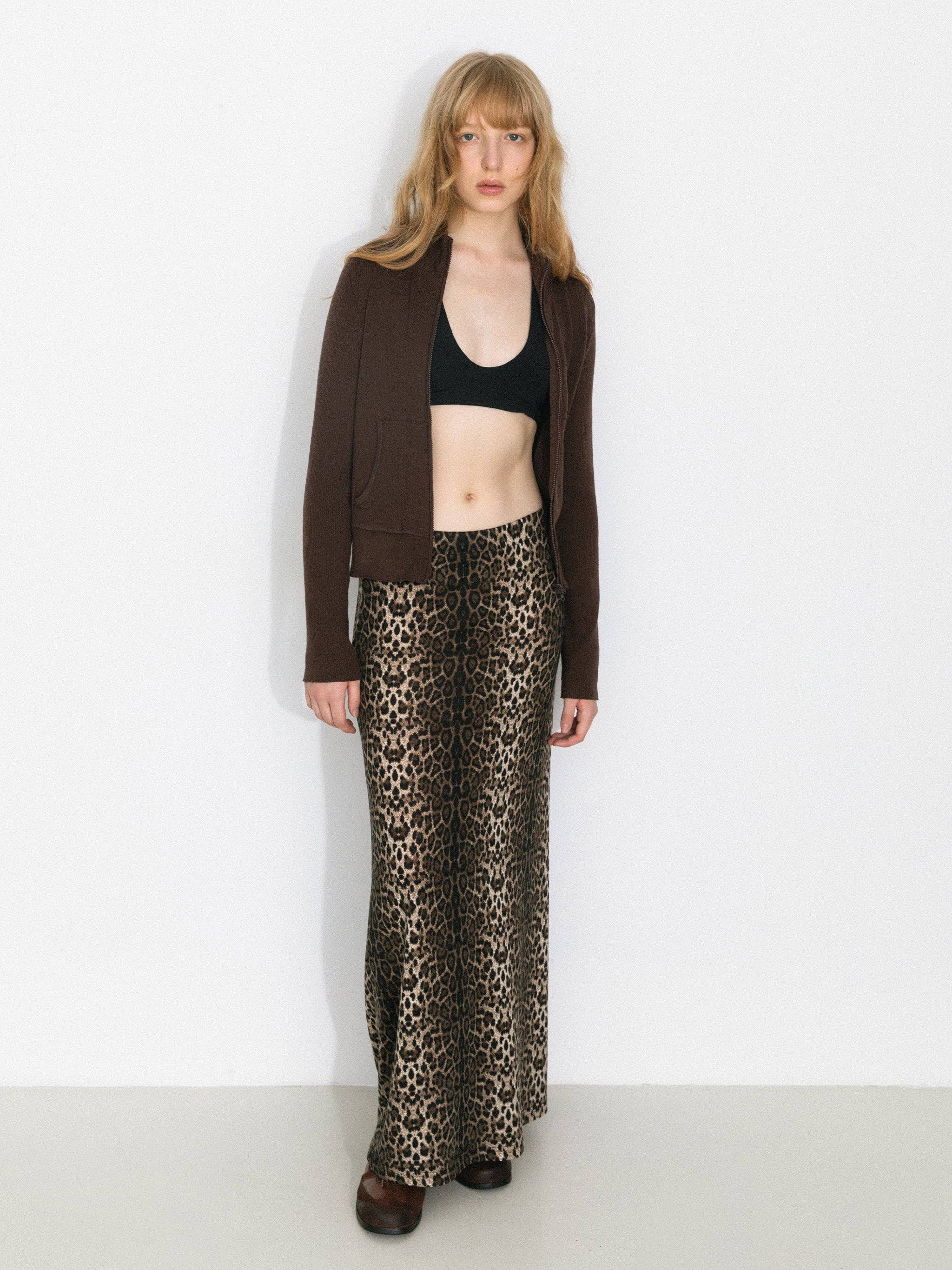 Brown Vintage Leopard Print Draped Maxi Skirt for wholesale on Faire9